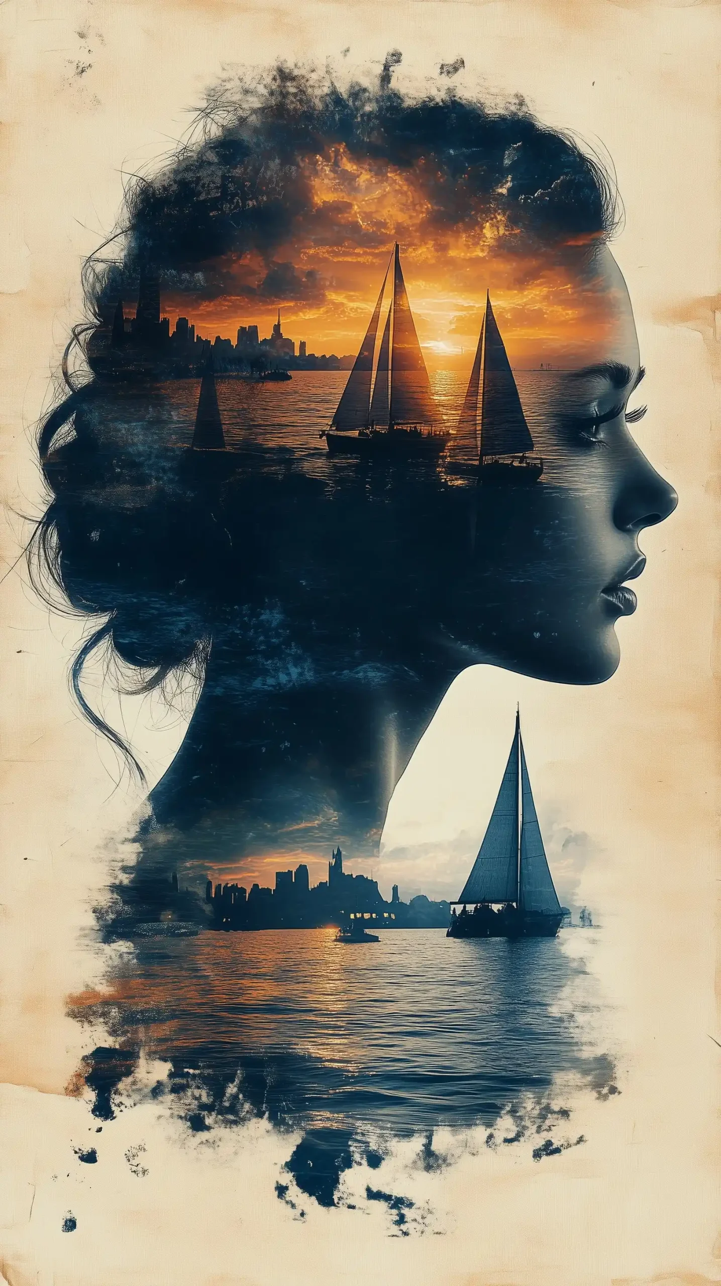 Textured Profile with Sailboats Midjourney提示词