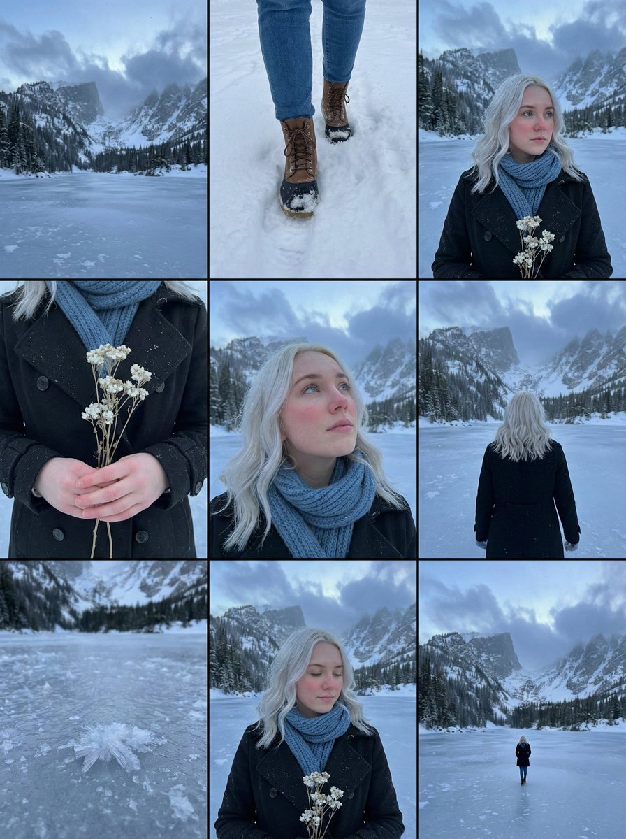 Winter Portrait: Blonde Woman in Snowy Mountain Landscape Nano Banana提示词