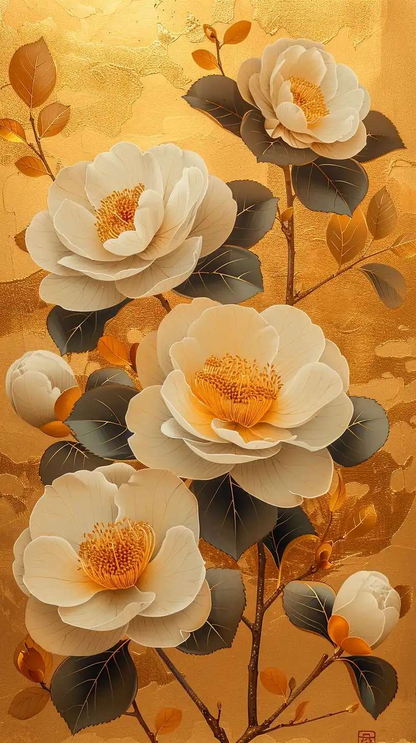 Sophisticated Gold Camellias Midjourney提示词