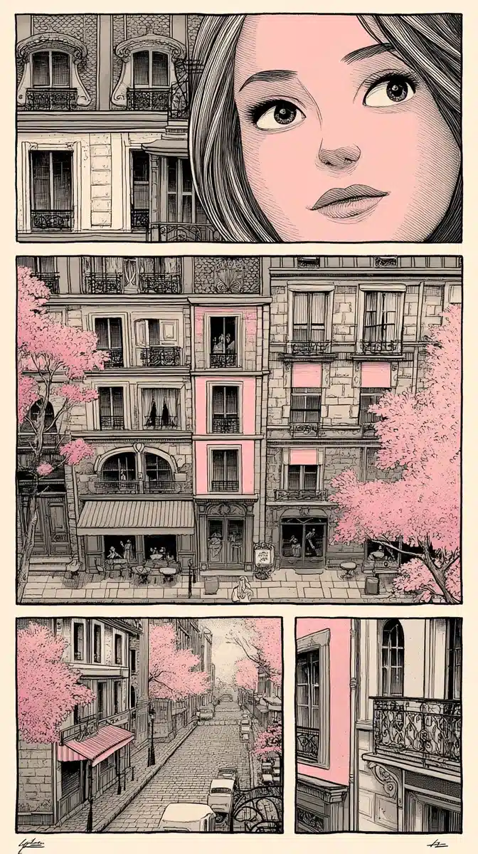 Tri-Panel Paris Cafe Illustration Midjourney提示词