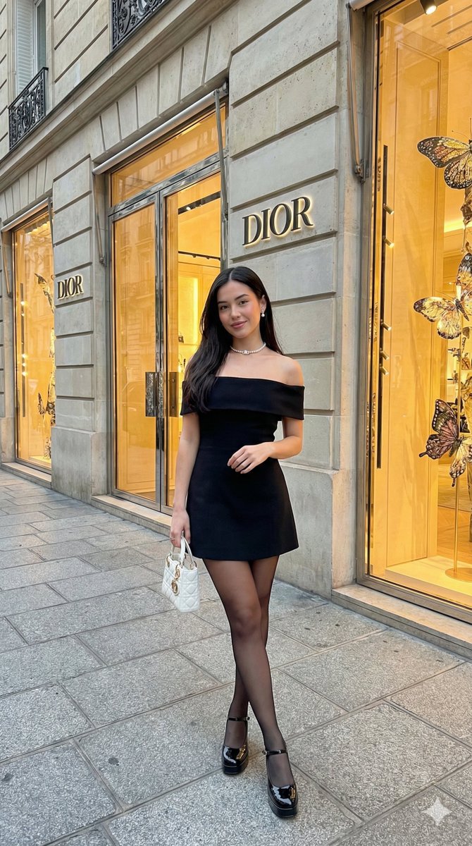 Woman in Little Black Dress outside Dior Store - Fashion Nano Banana提示词