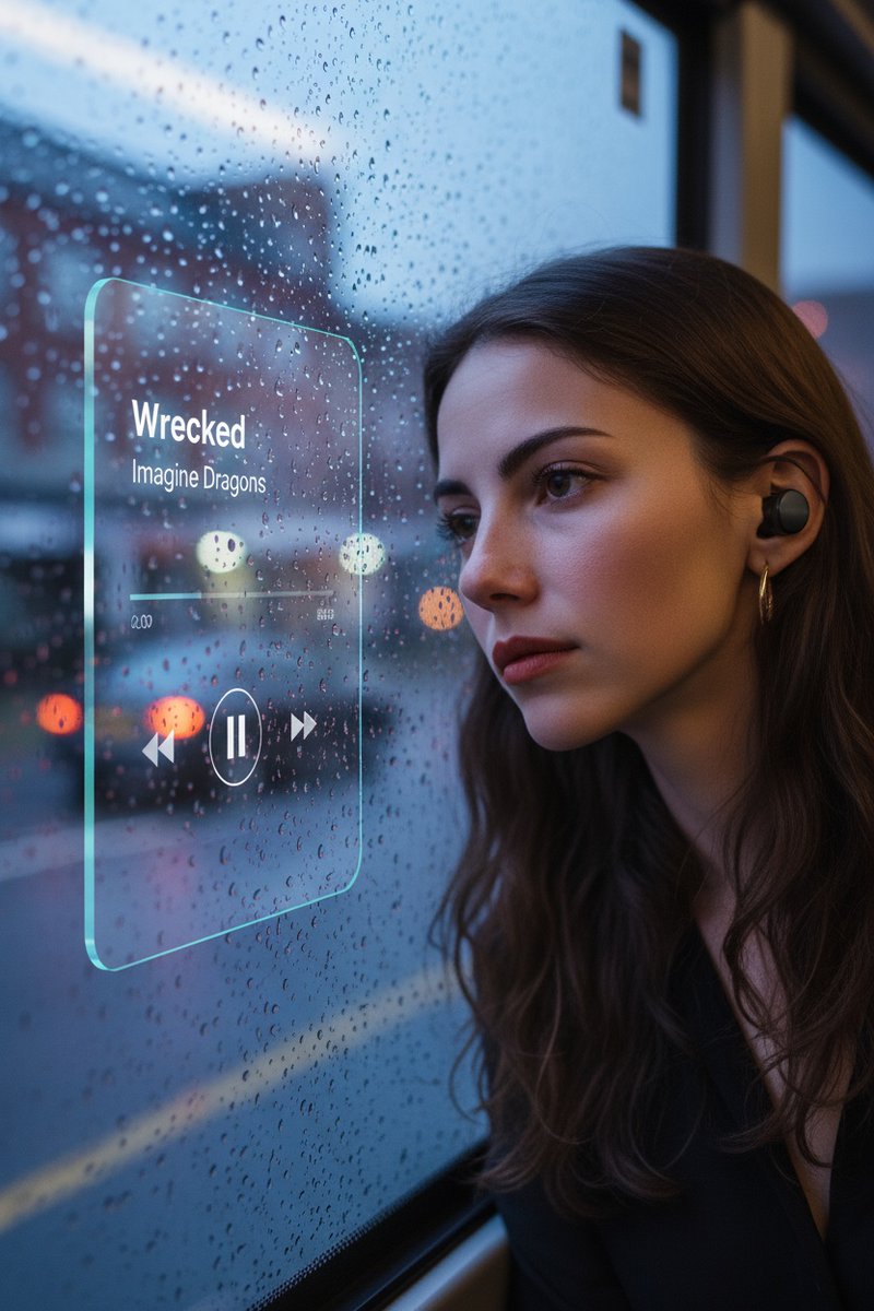 Woman with Holographic Music Player on Rainy Bus Ride Nano Banana提示词