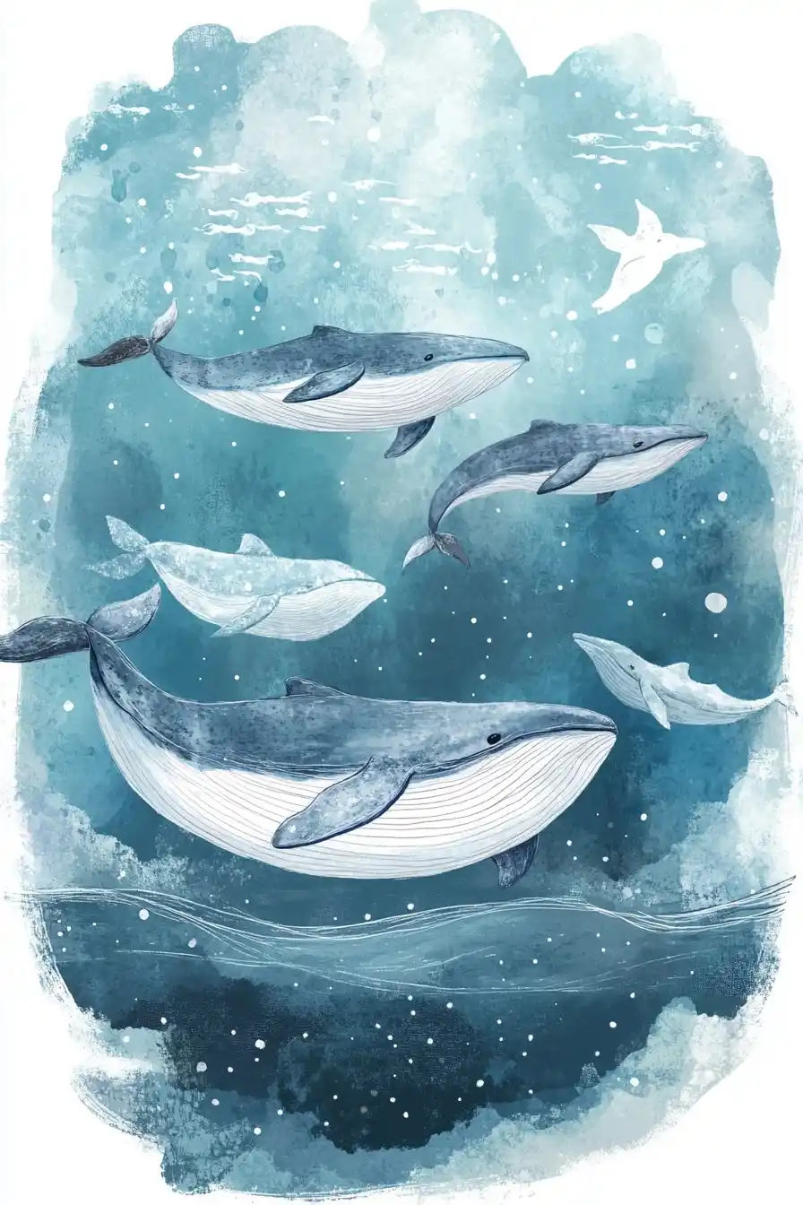 Whimsical Nautical Whales Illustration Midjourney提示词