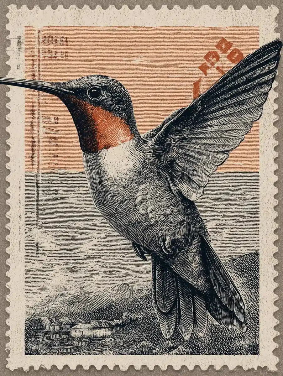 Engraved Hummingbird Postage Stamp Midjourney提示词