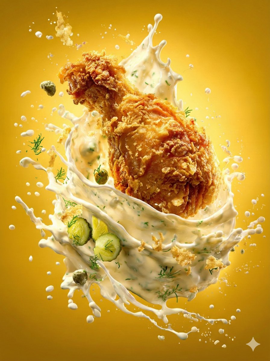 Golden Fried Chicken Splashing in Creamy Dill Sauce Nano Banana提示词