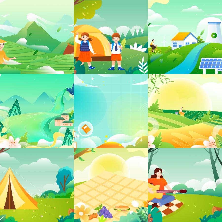 小清新绿色春天春季spring卡通手绘插画背景图片AI矢量设计素材