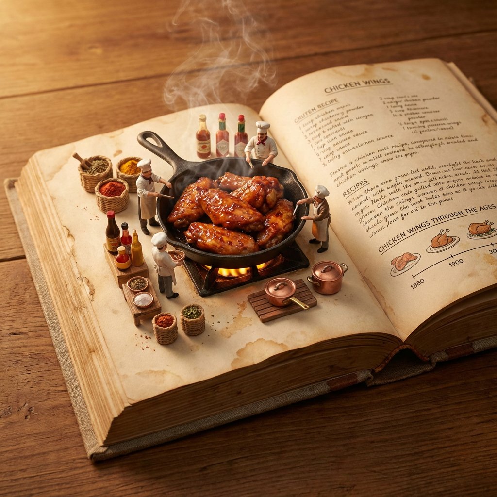 Whimsical Miniature Cooking: Chicken Wings Recipe Book Art Nano Banana提示词