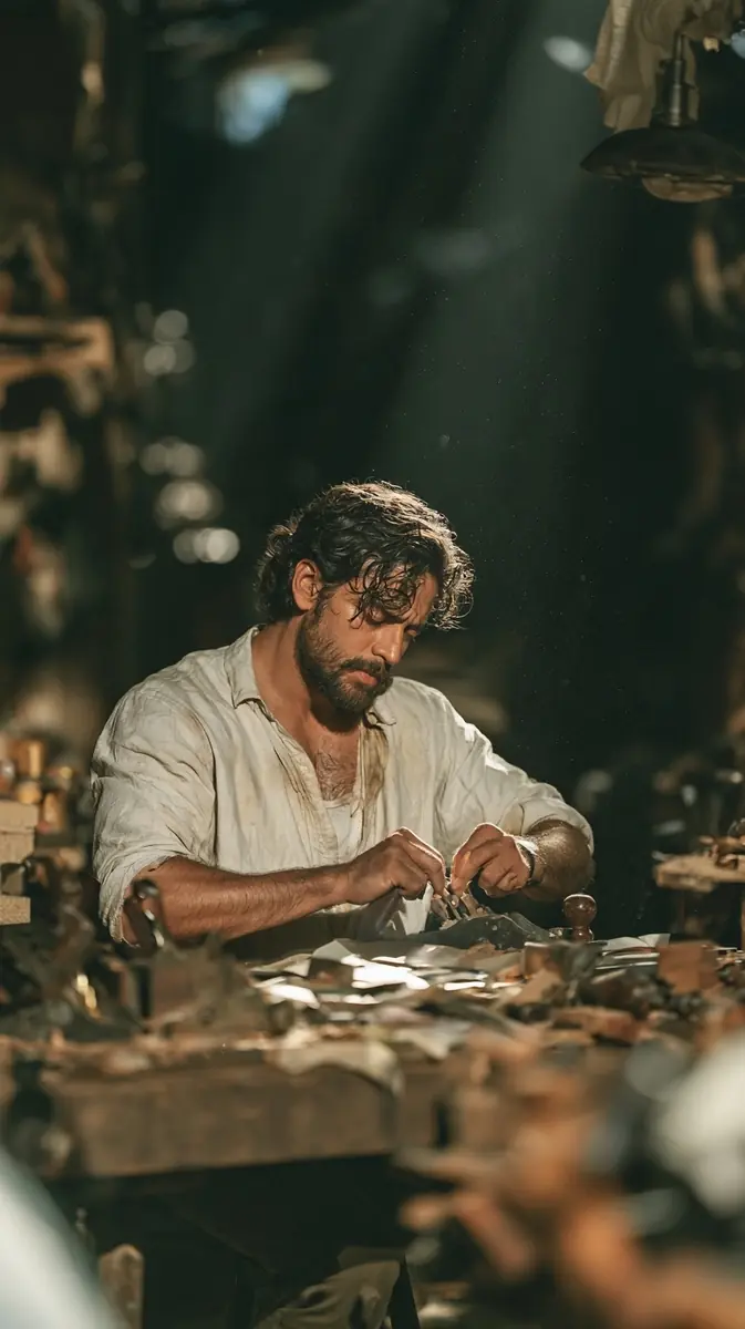 Cinematic Indian Carpenter Workshop Midjourney提示词