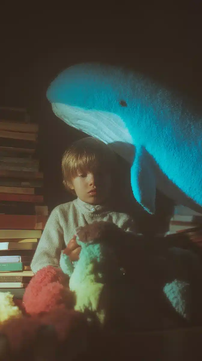 Whale in Dimly Lit Bookroom Midjourney提示词