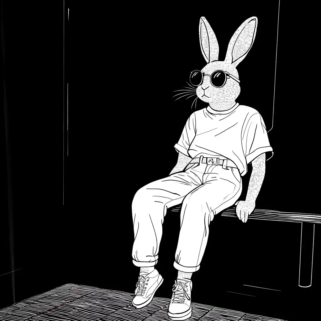 Black and White Bunny Illustration Midjourney提示词