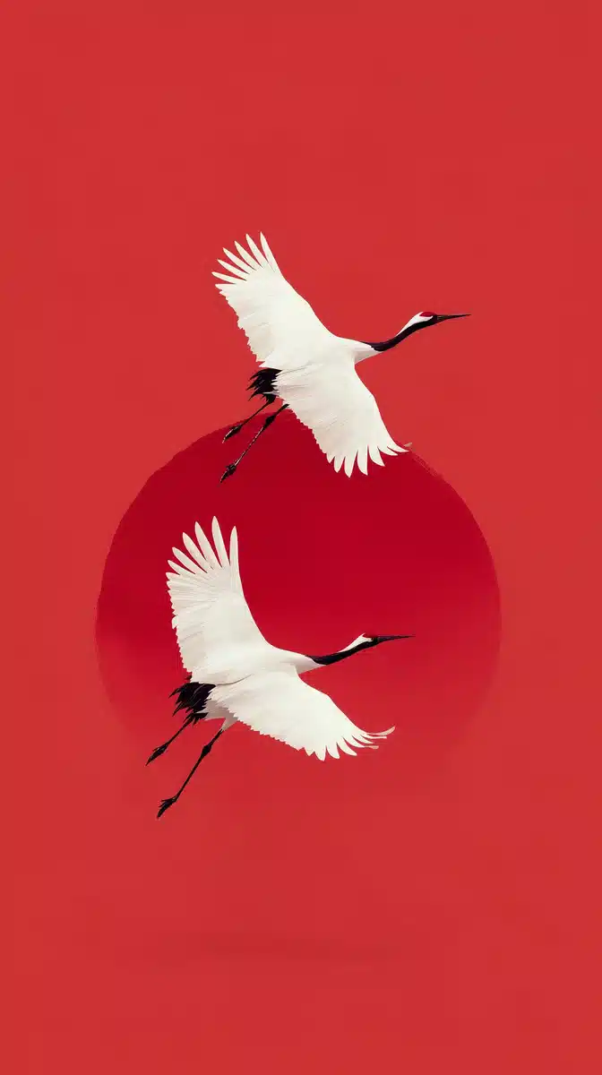 Minimalist Cranes and Sun Midjourney提示词