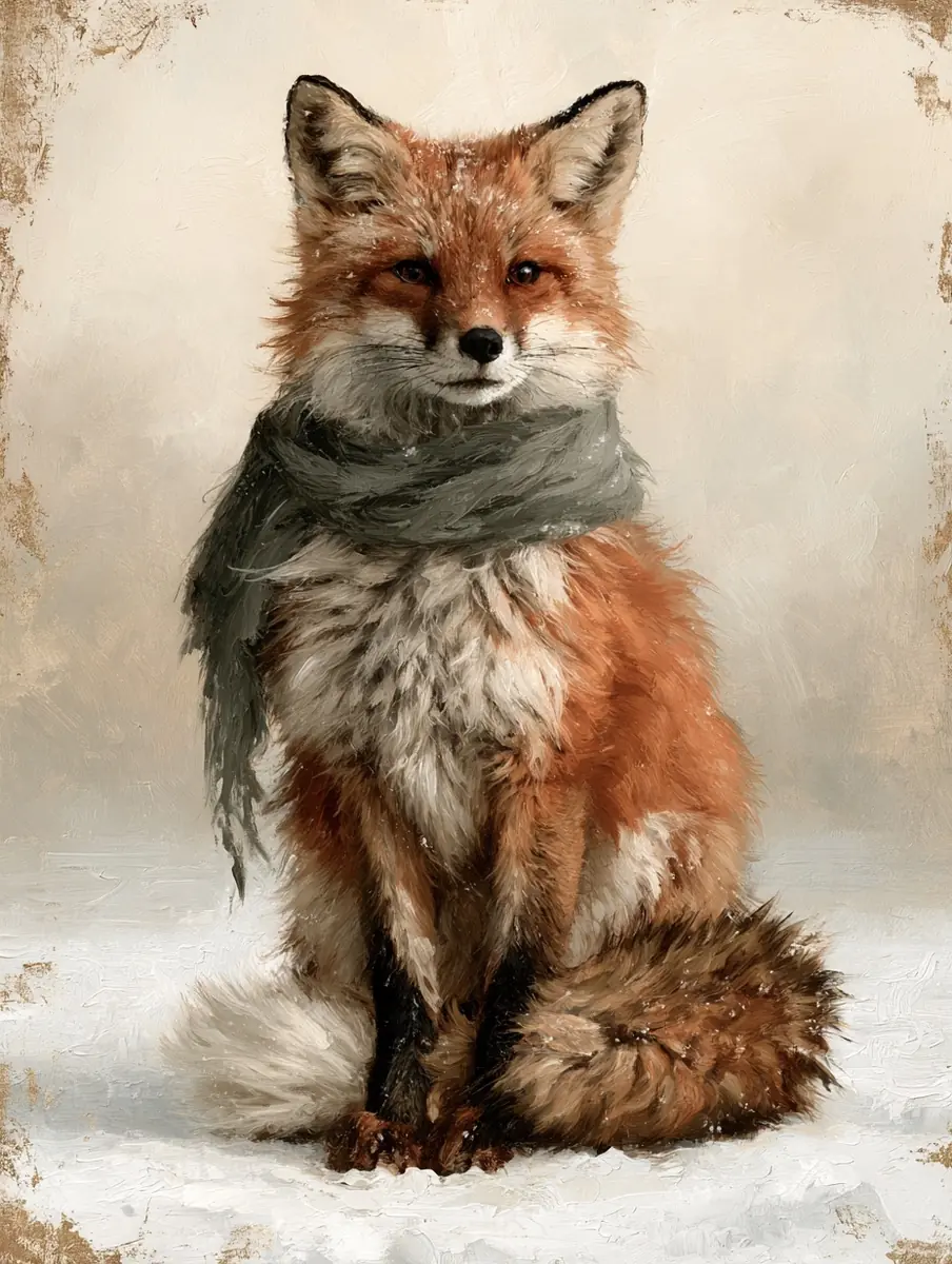 Impasto Fox in Snow Midjourney提示词
