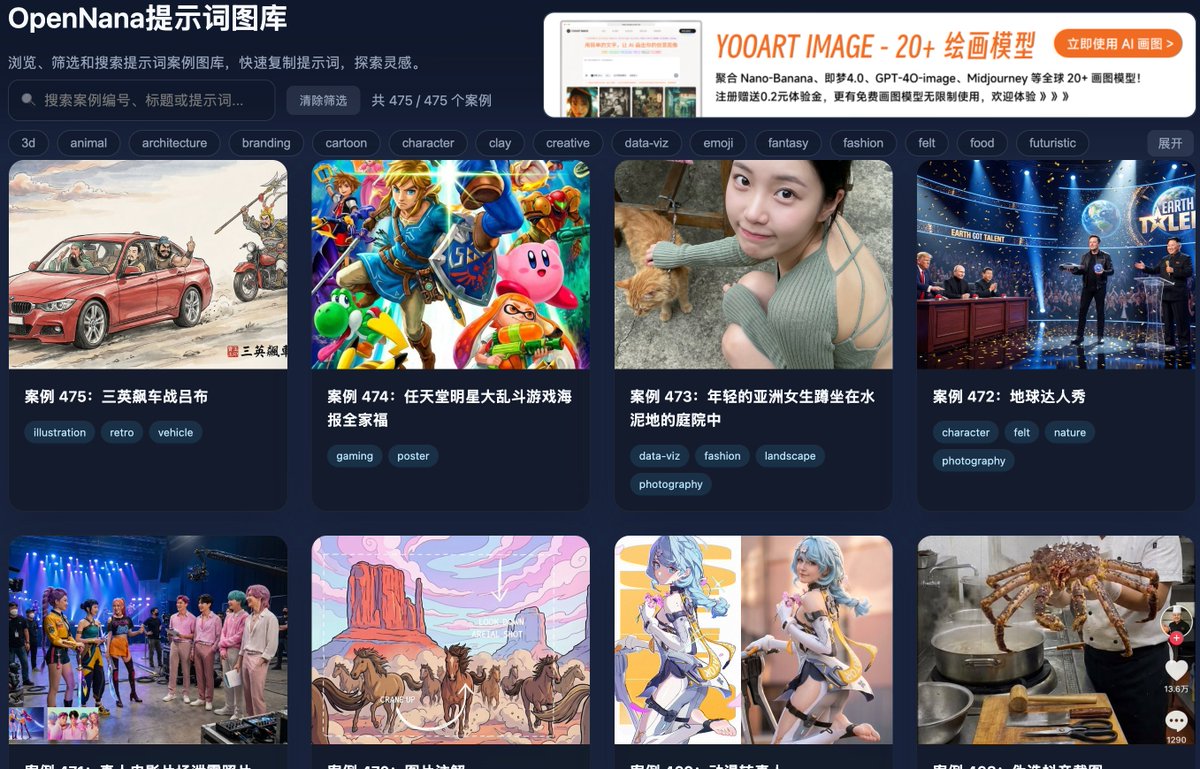 OpenNana AI Prompt Gallery: Diverse Art & Character Designs Nano Banana提示词