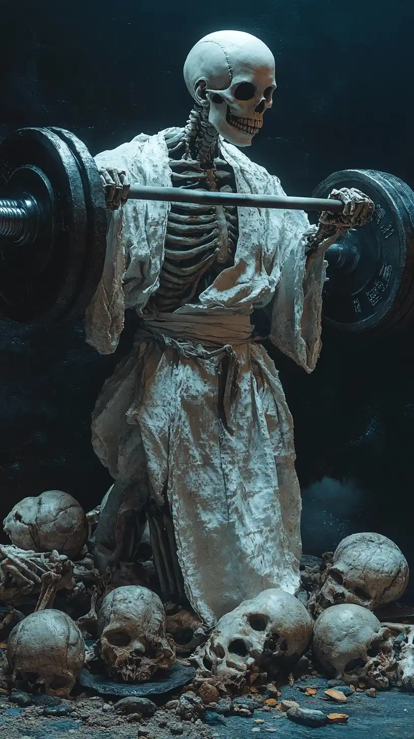 Skeleton in Hanfu Lifting Barbell Midjourney提示词