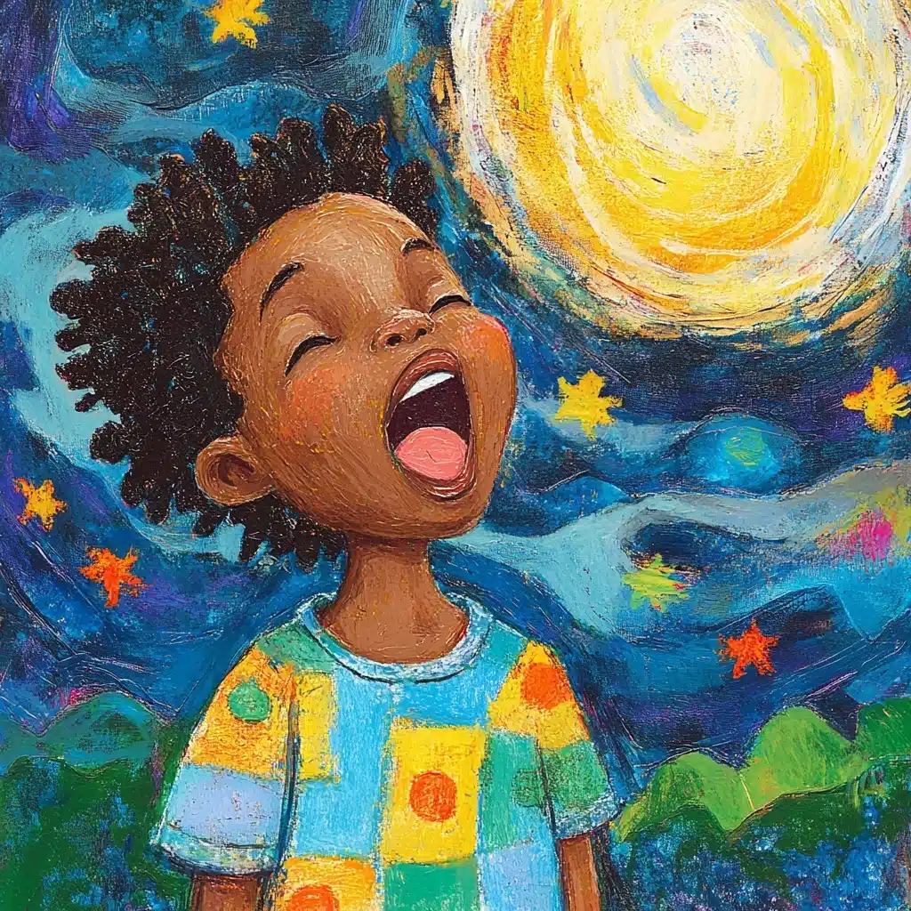 Colorful Illustration of Singing Boy Midjourney提示词