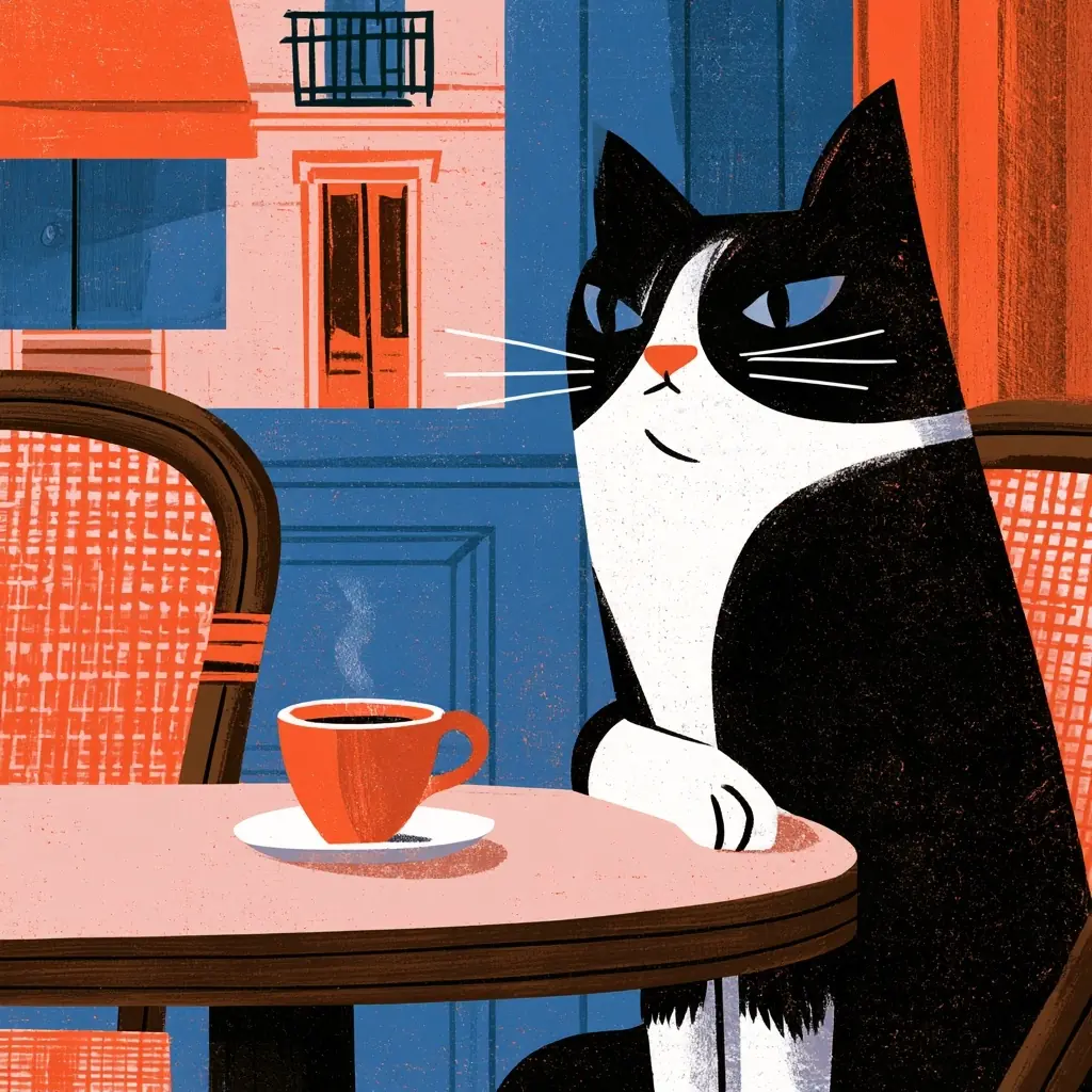 Minimalist Midcentury Cafe Cat Midjourney提示词