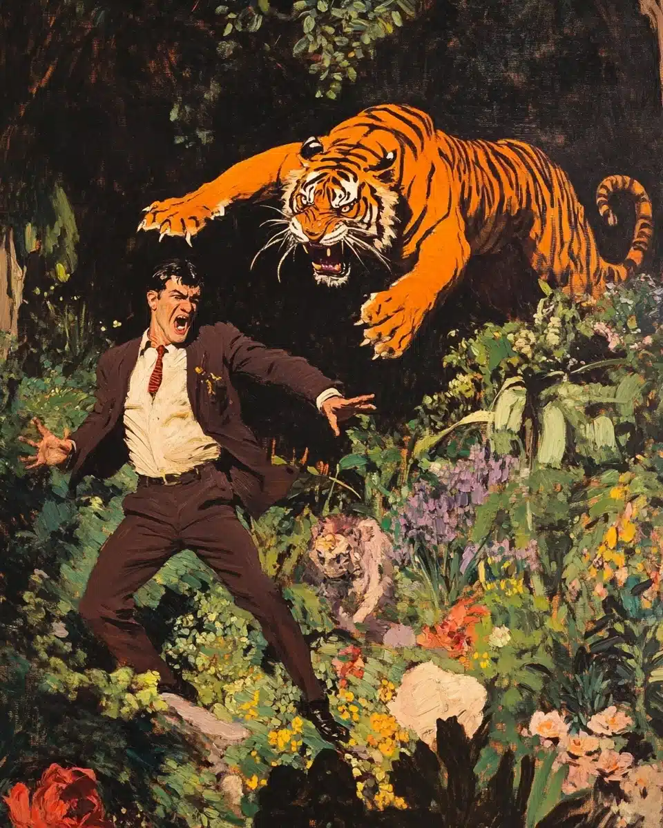 Crockwell Tiger Attack Scene Midjourney提示词