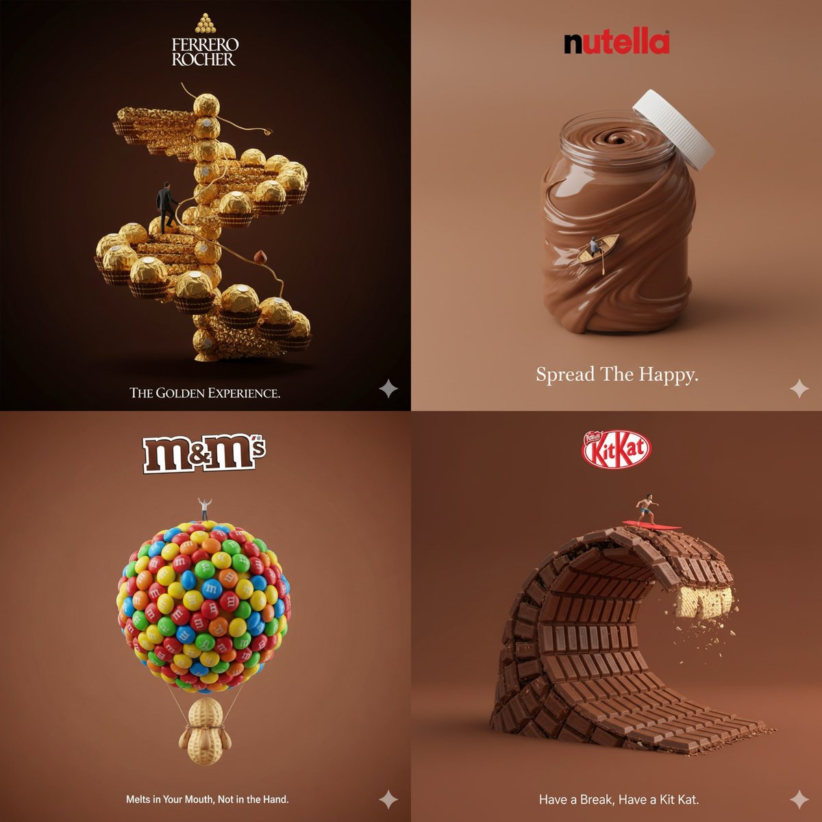 Creative 3D Confectionery Ads: Ferrero, Nutella, M&M's, Kit Kat Nano Banana提示词