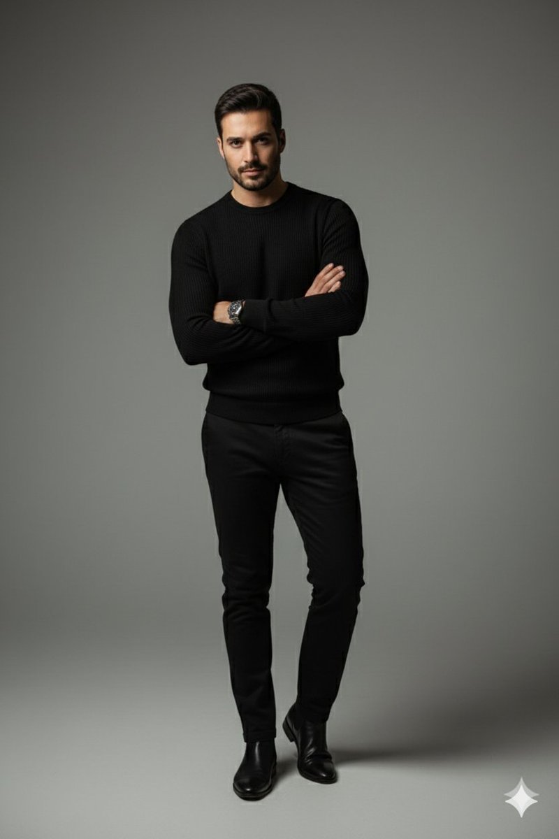 Stylish Man in All Black Outfit - Fashion Studio Portrait Nano Banana提示词