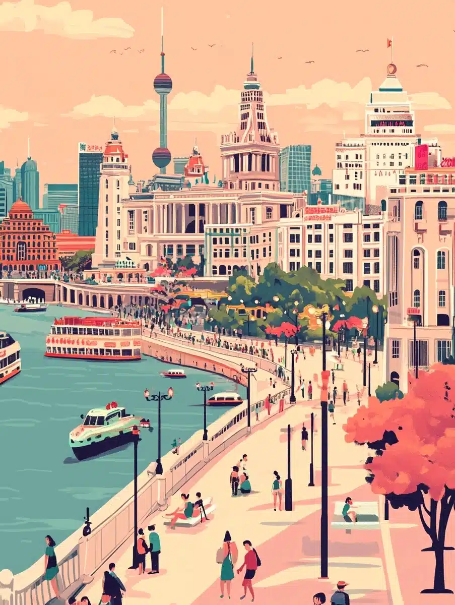 Cartoon Shanghai Bund Landscape Midjourney提示词