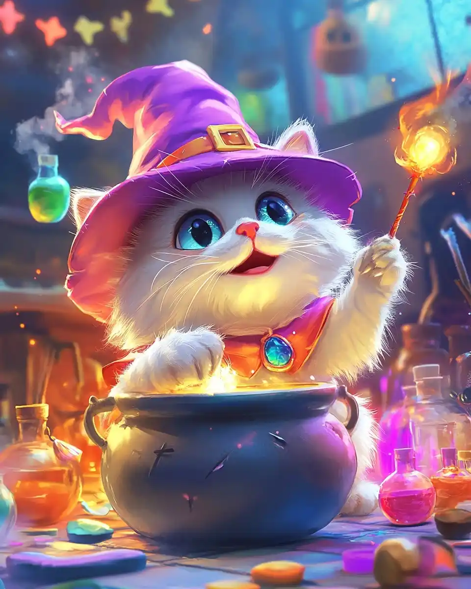 Cartoon Cat with Cauldron Midjourney提示词