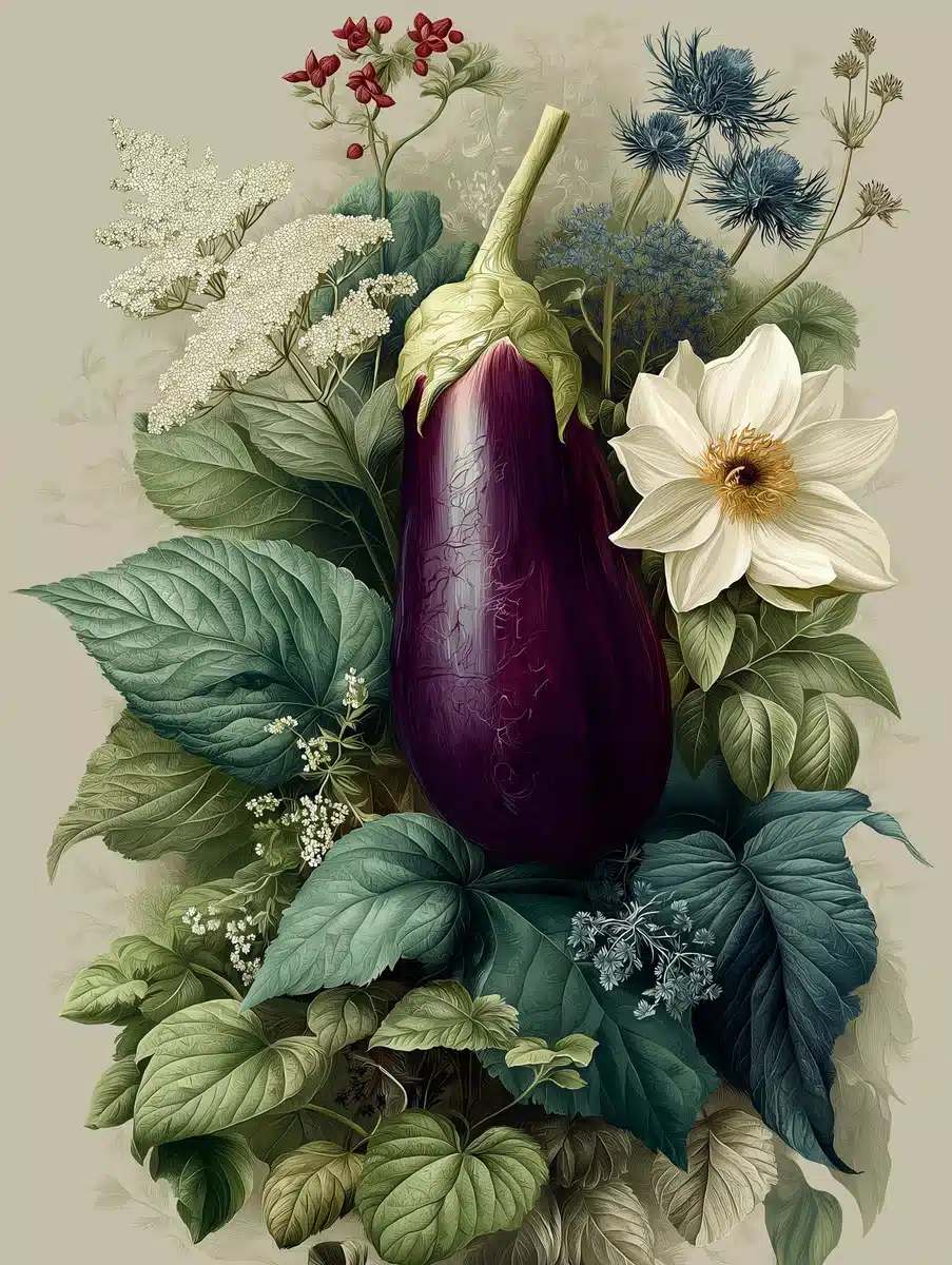 Graphic Eggplant with Flora Midjourney提示词