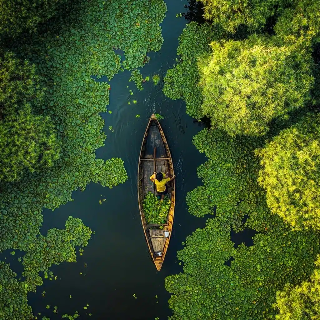 Top-Down Indian Man Boat Midjourney提示词