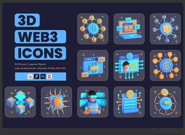 3D Web 3.0 Icons Illustration