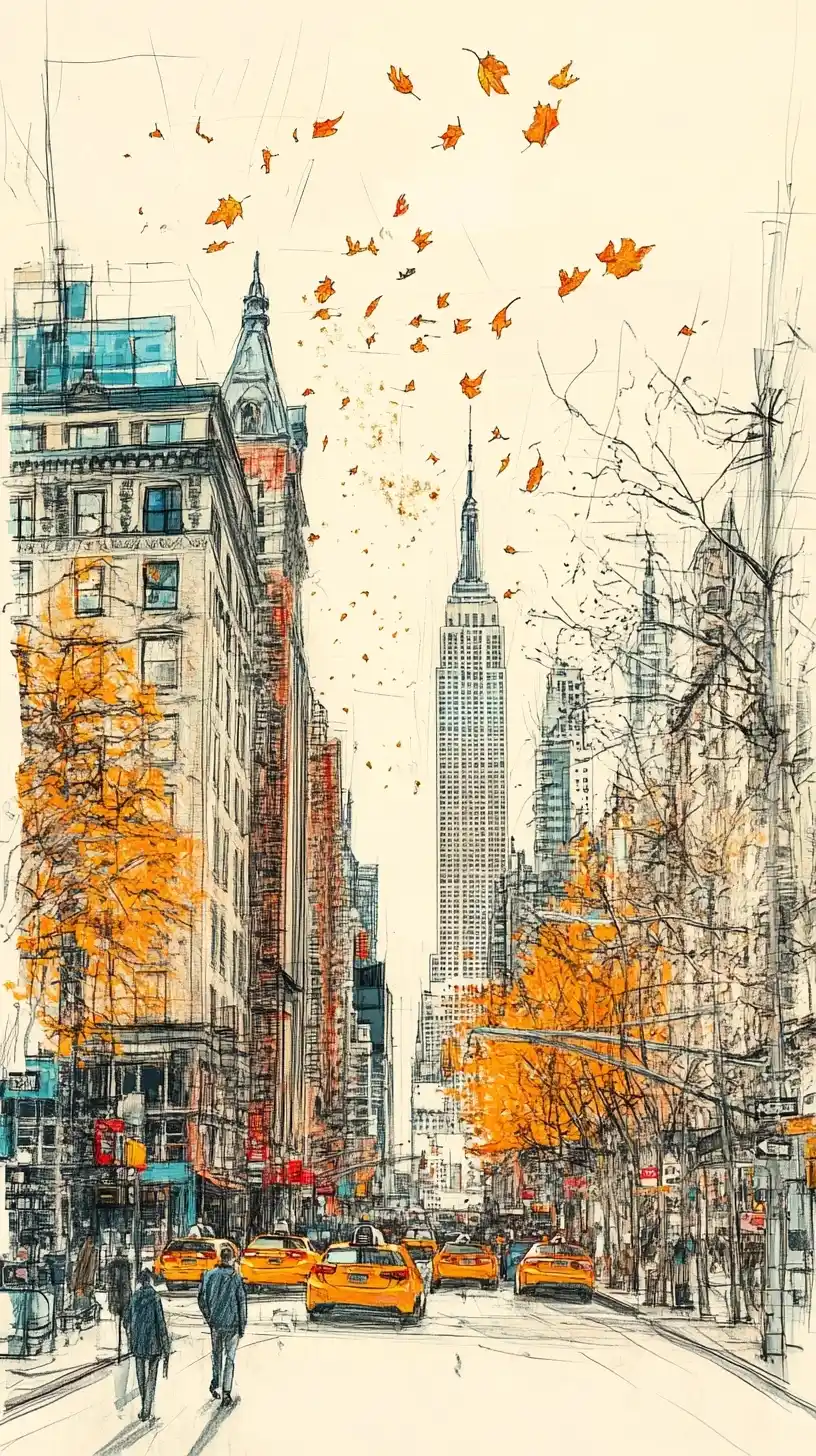 Vibrant New York Sketch Midjourney提示词