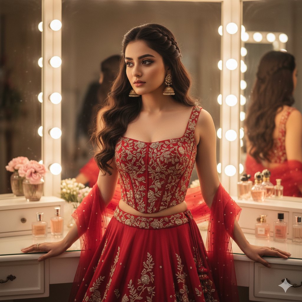 Elegant Indian Woman in Red Lehenga Portrait - Vanity Mirror Nano Banana提示词