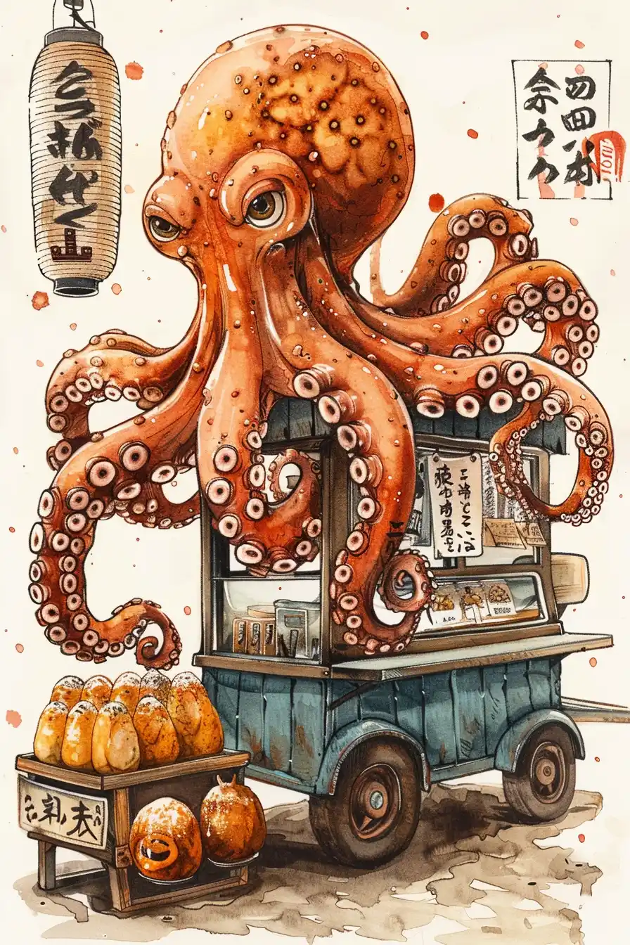 Graphic Takoyaki Octopus Midjourney提示词
