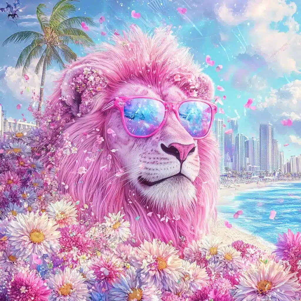 Pink Lion in Bloom Midjourney提示词