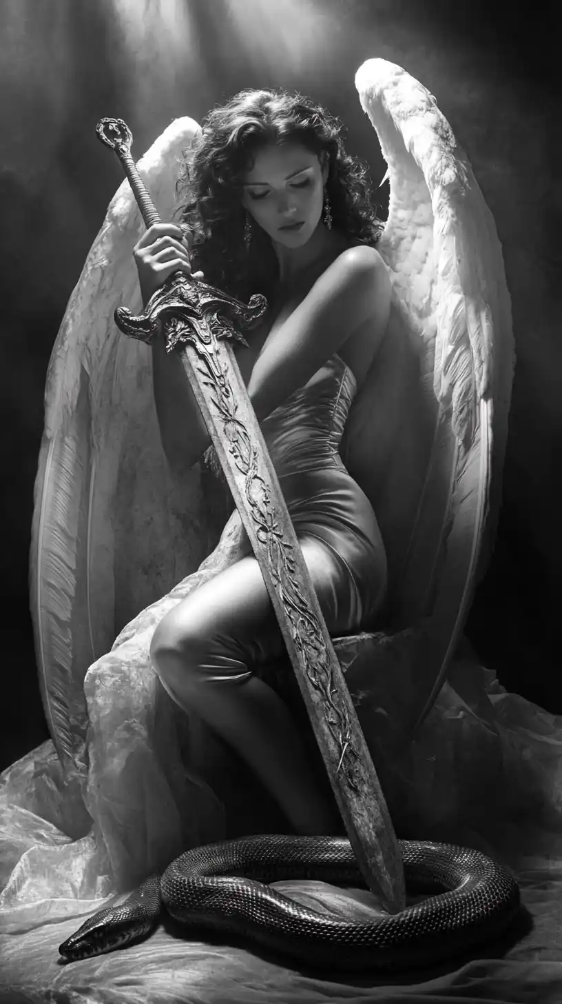 Cinematic Angel with Sword Midjourney提示词