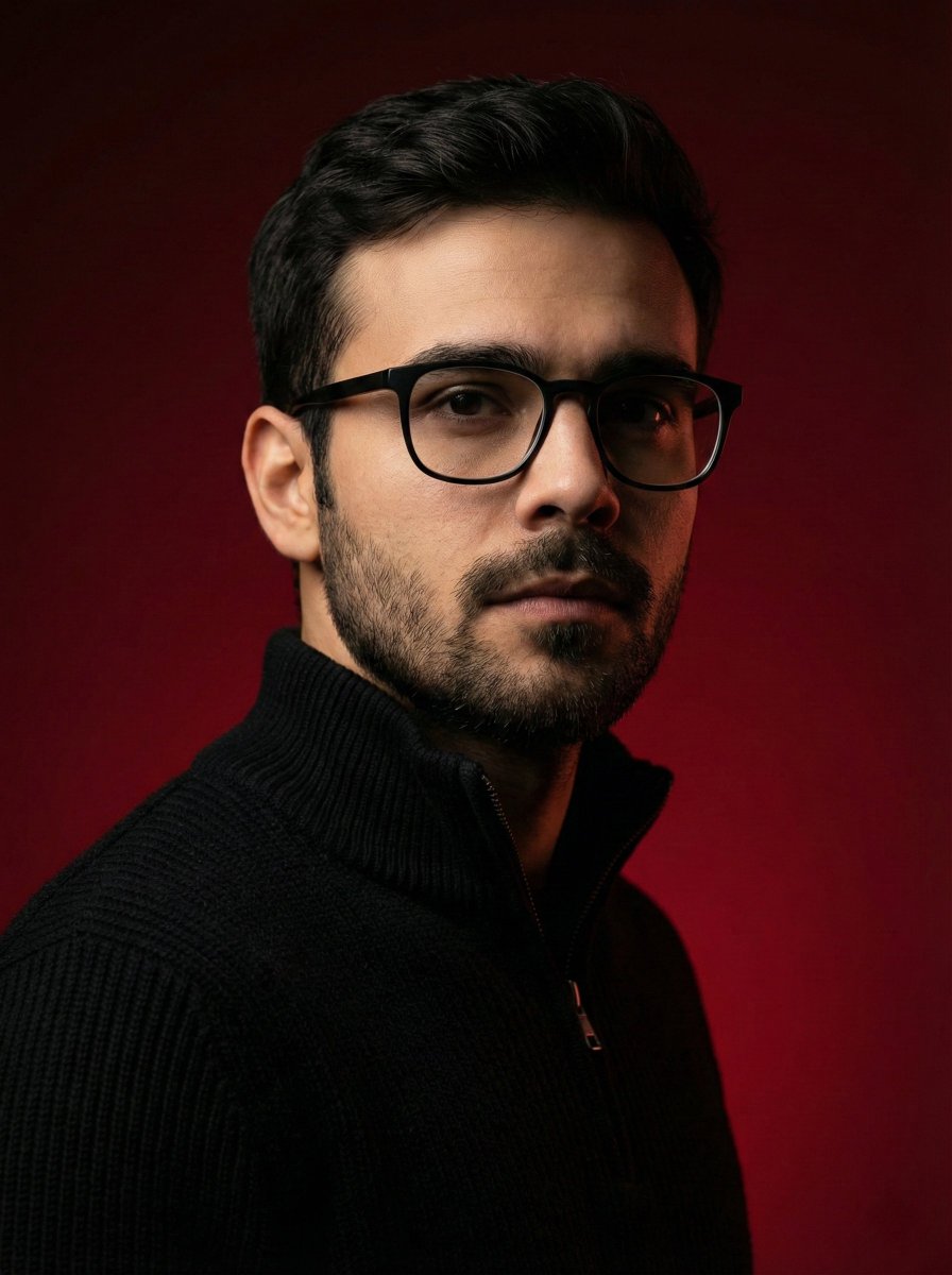 Man Portrait: Glasses, Beard, Black Sweater on Red Background Nano Banana提示词