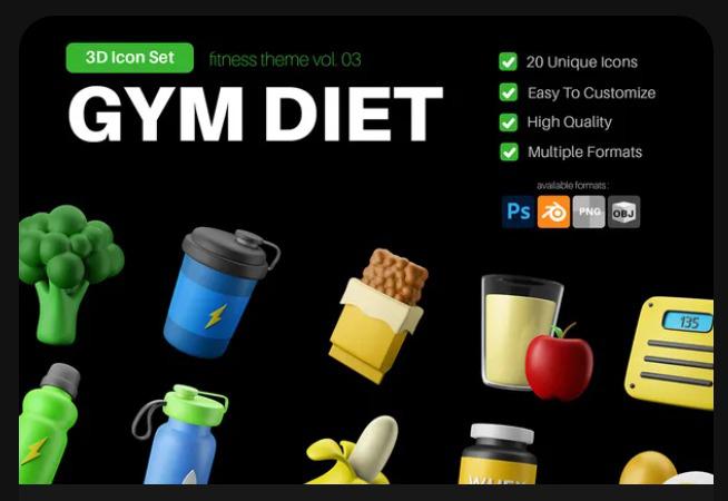 3D Icon Set - Fitness And Gym Diet Theme