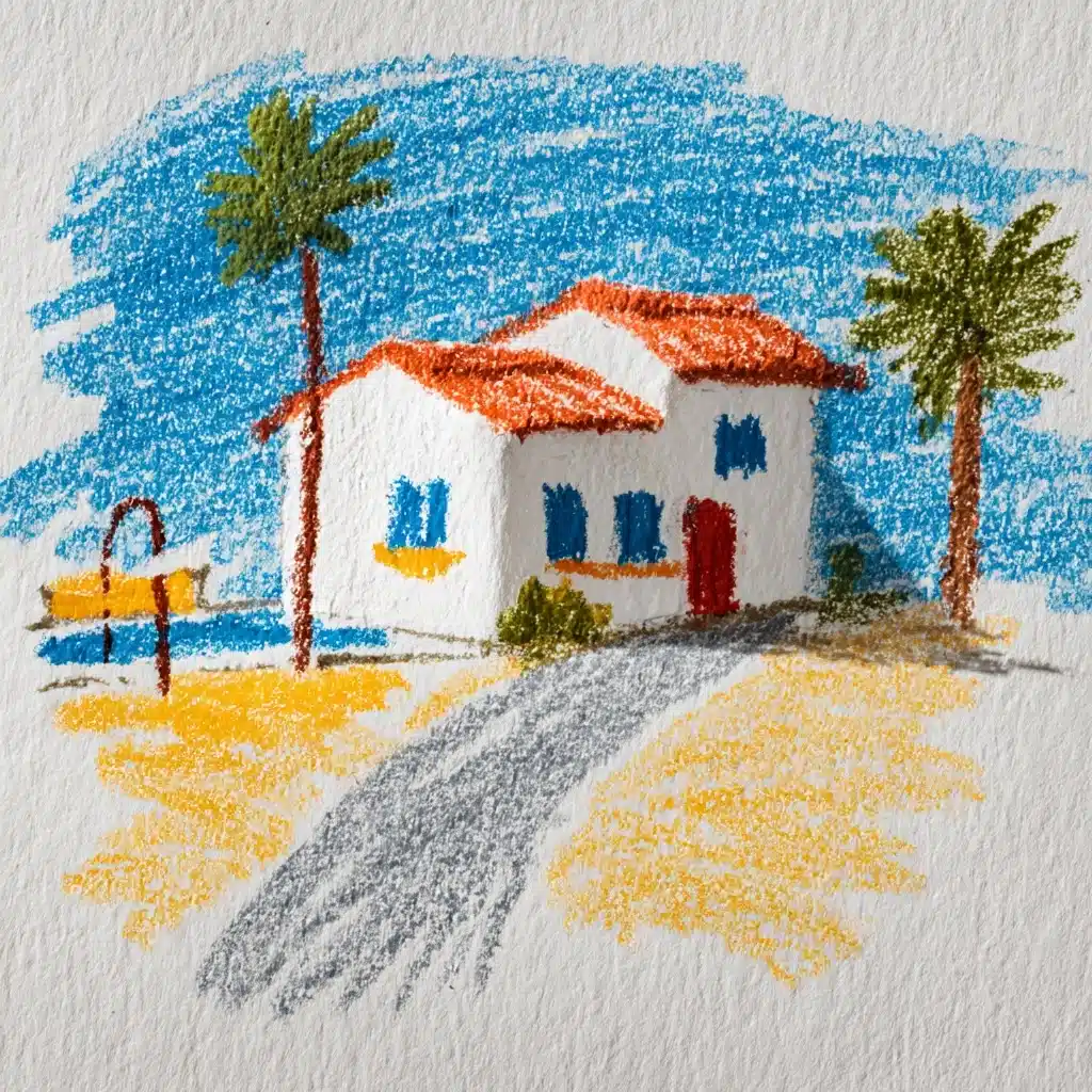 Naive Crayon Hotel Scene Midjourney提示词
