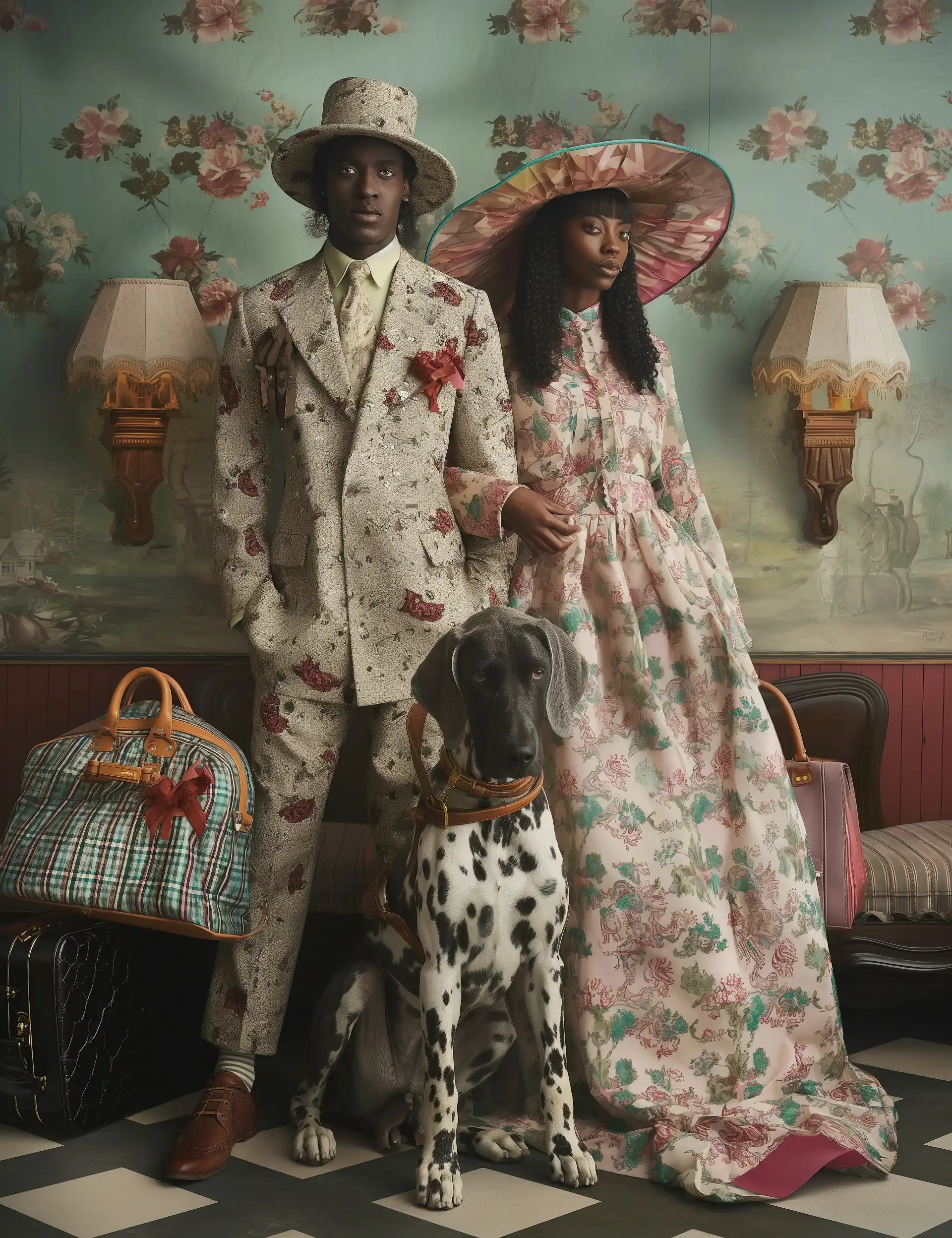 Eccentric Couture Couple with Great Dane Midjourney提示词