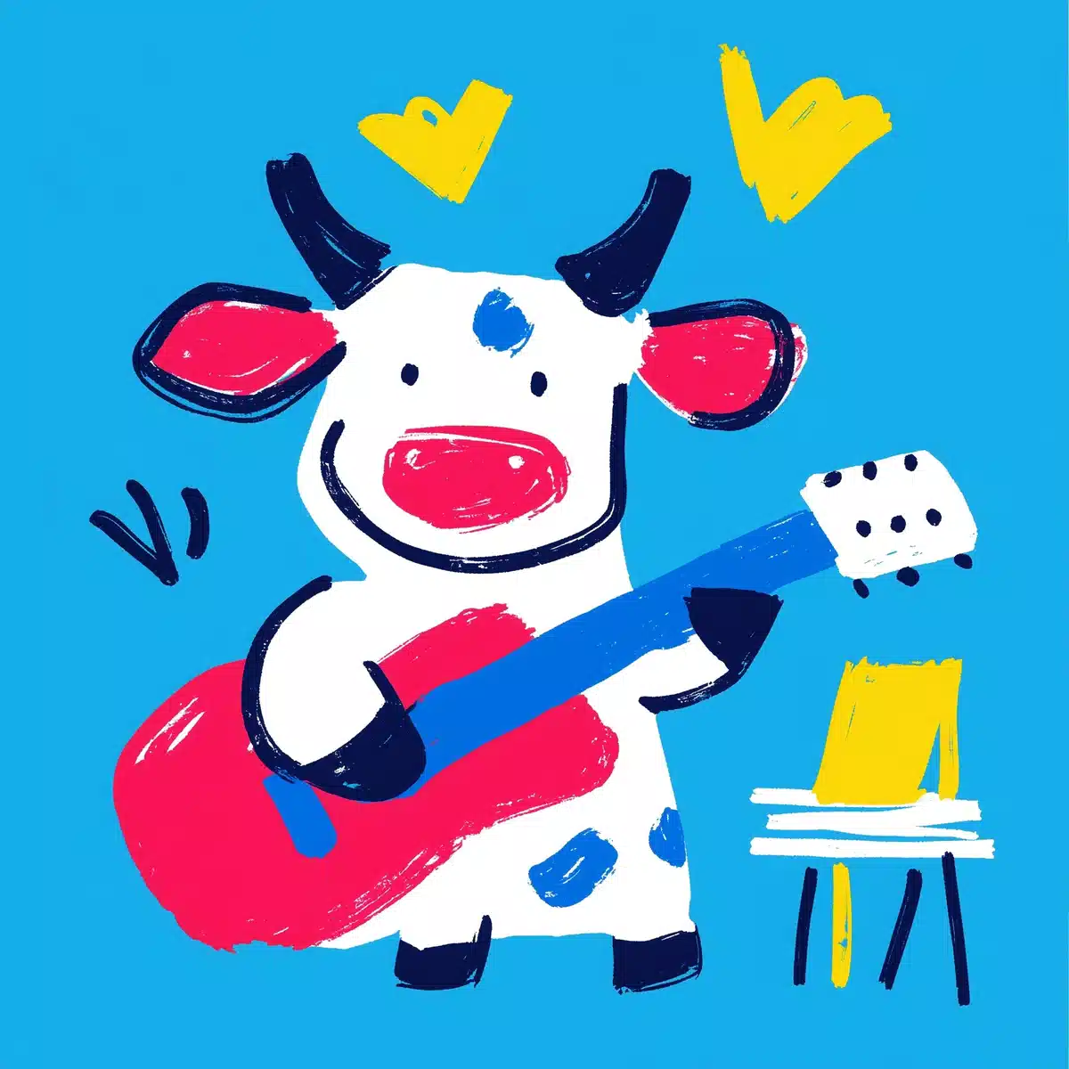 Hand-Drawn Guitar Cow Midjourney提示词