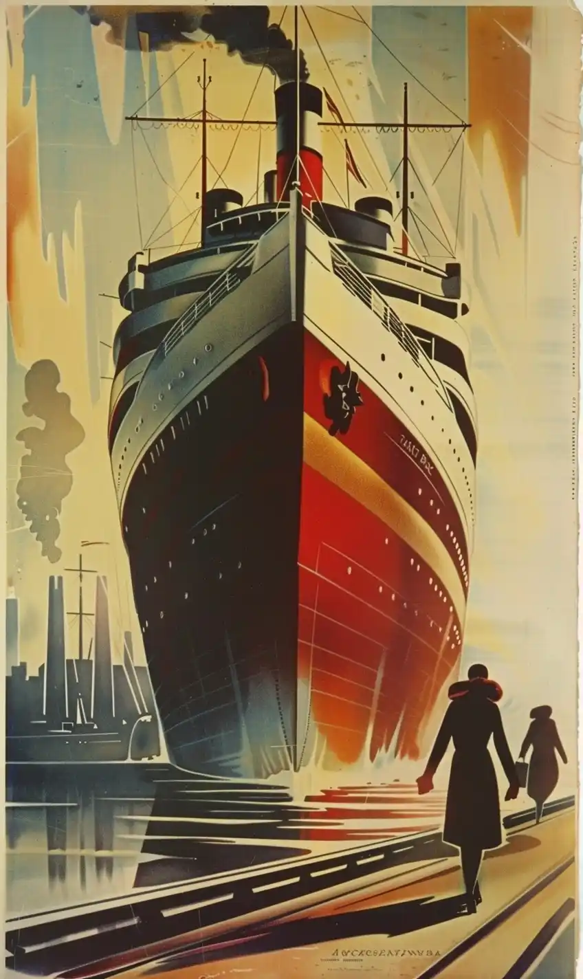 Art Deco Ship Travel Ad Midjourney提示词