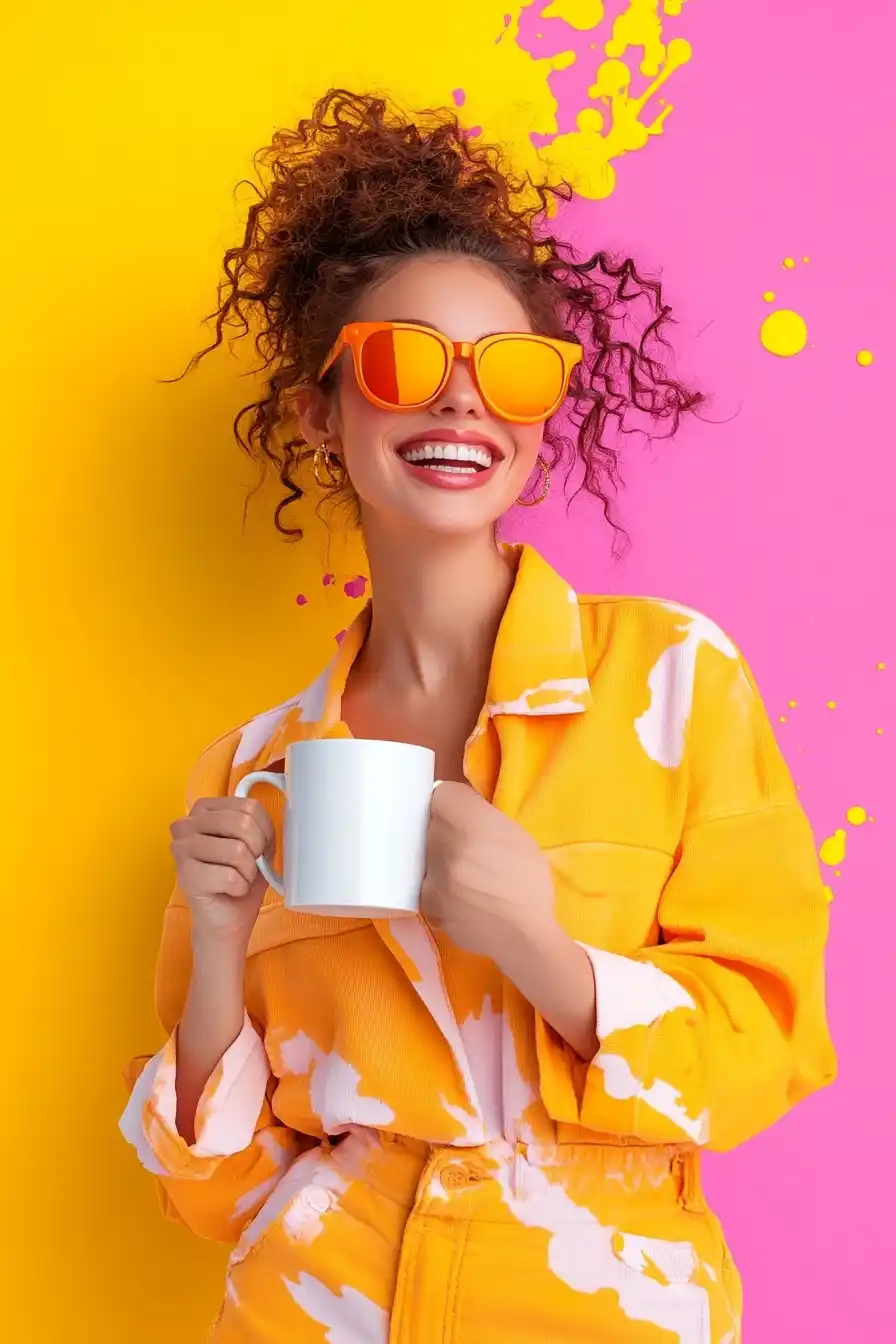 Vibrant Woman with Mug Midjourney 提示词生成效果