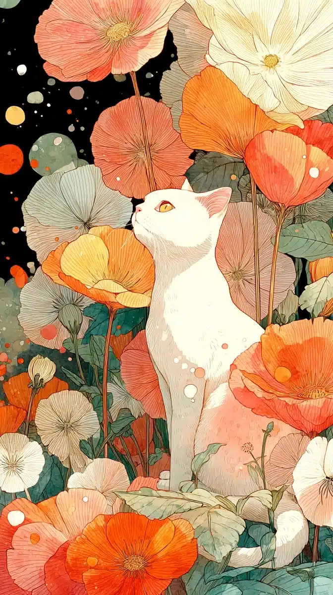 Cat in Floral Field Midjourney提示词