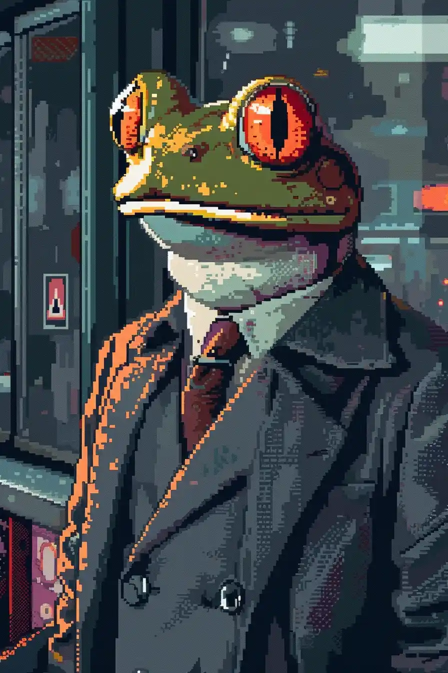 Pixel Frog Detective Waiting Midjourney提示词