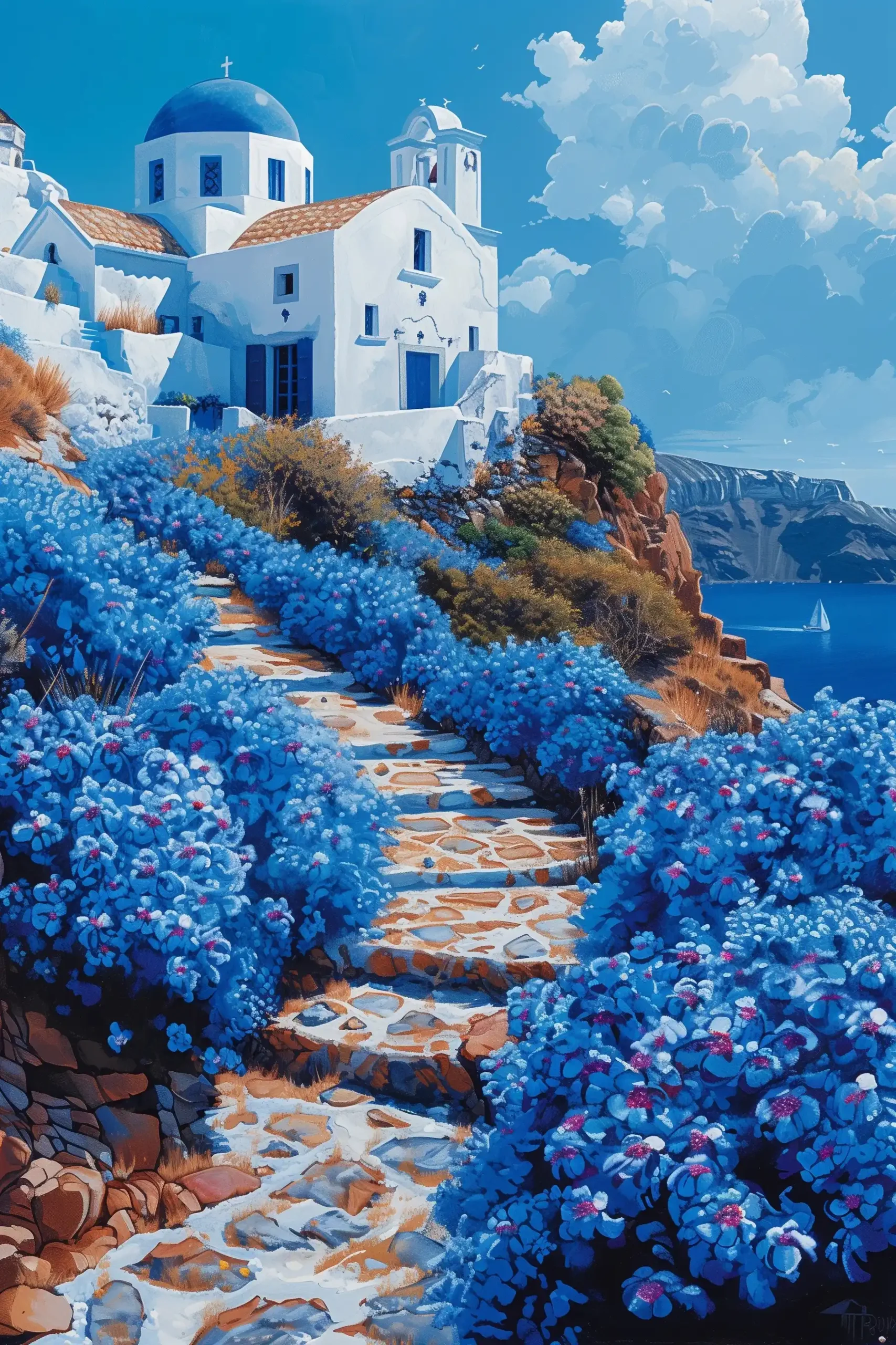 Vibrant Oia Gouache Landscape Midjourney提示词