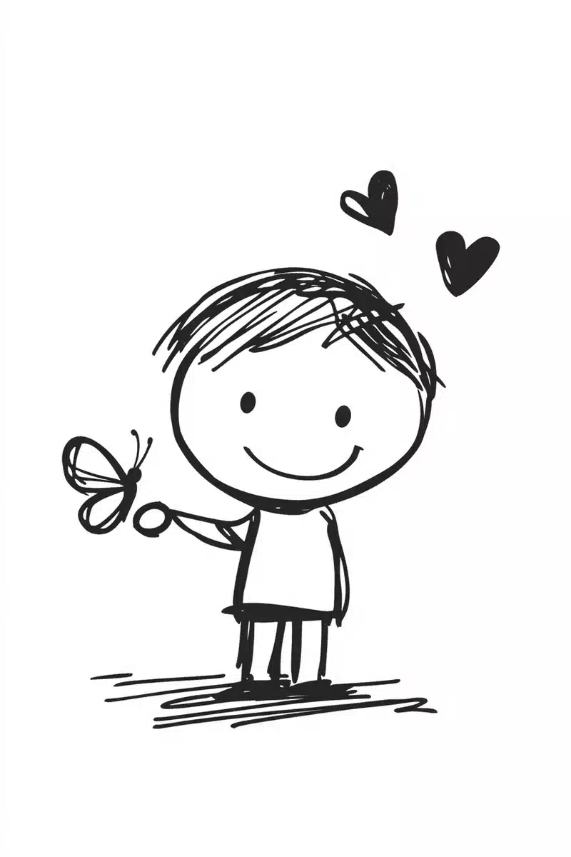 Minimalist Cartoon Boy with Butterfly Midjourney提示词