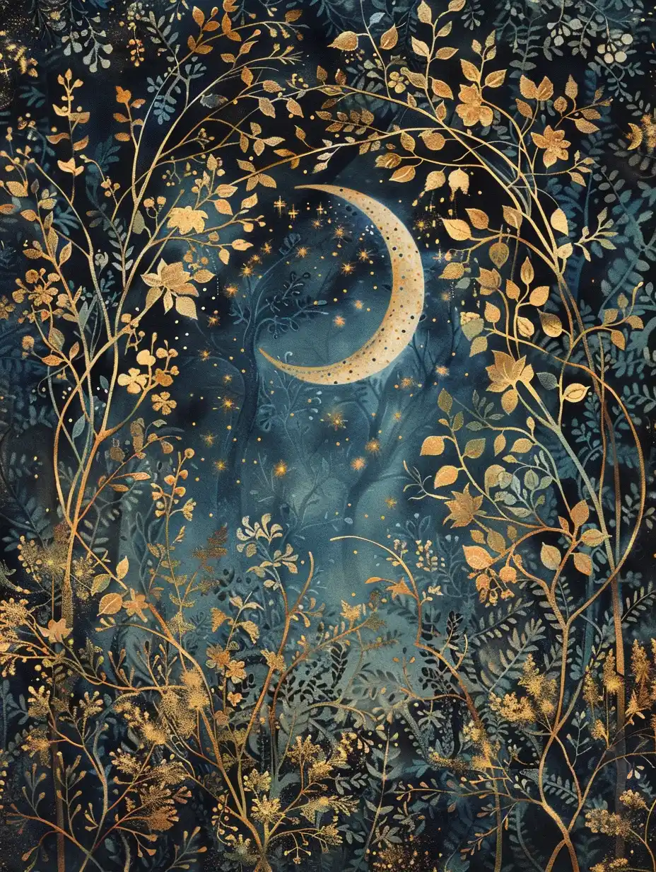 Golden Moonlit Forest Midjourney提示词