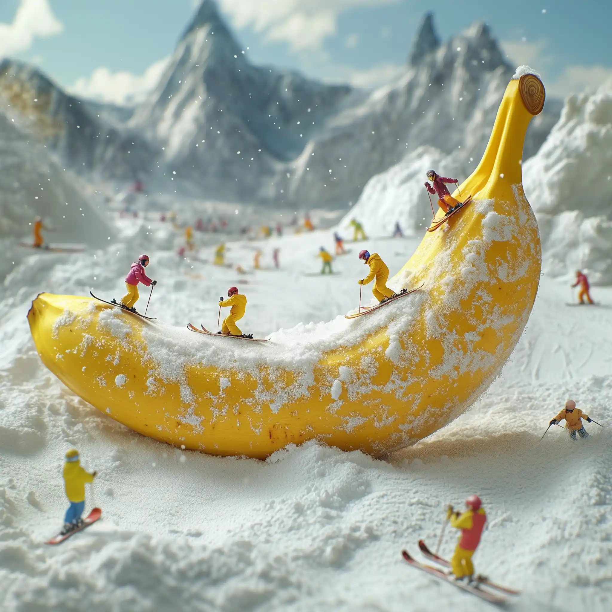 Skiers on Giant Banana Midjourney提示词