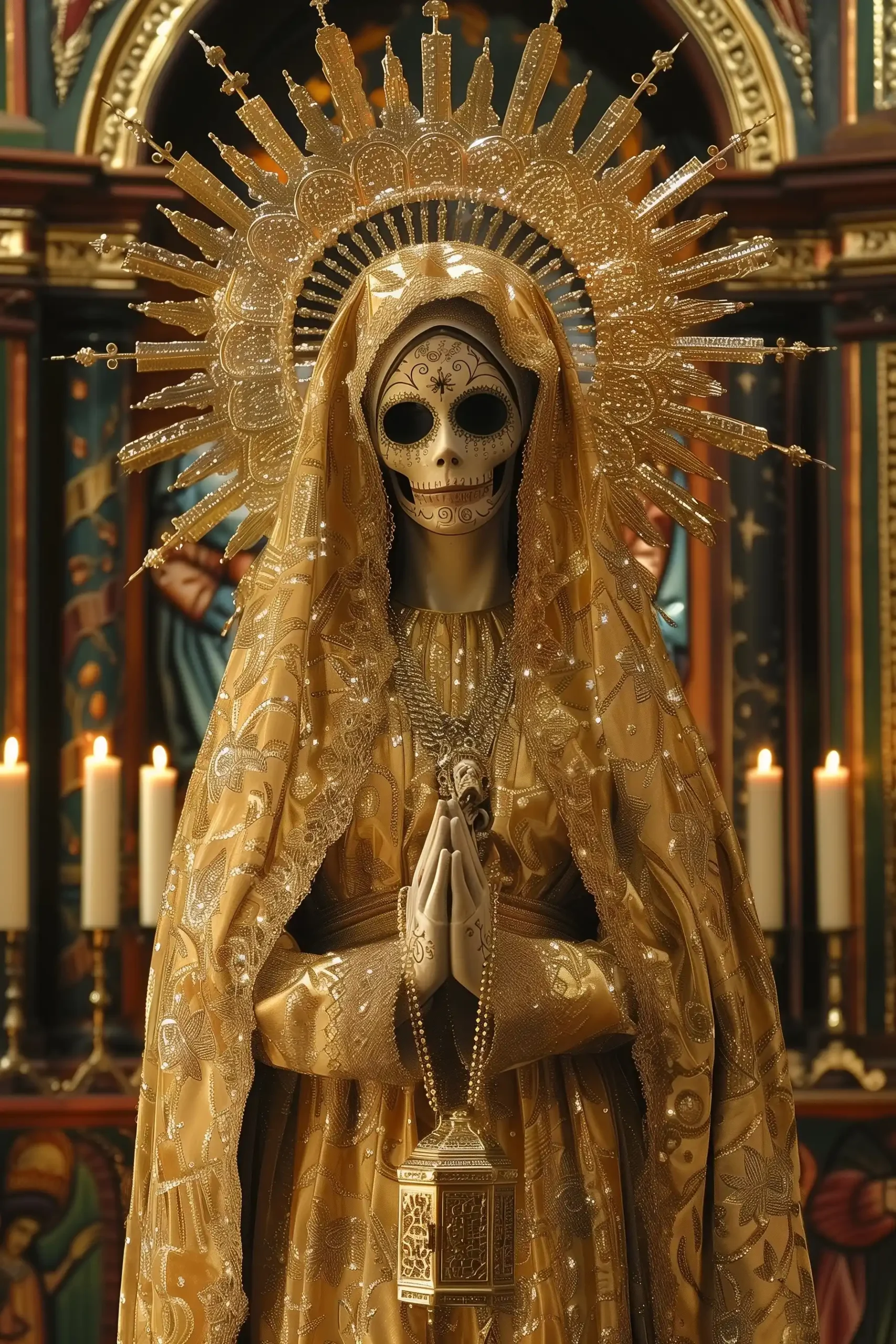 Golden Santa Muerte Shrine Midjourney提示词