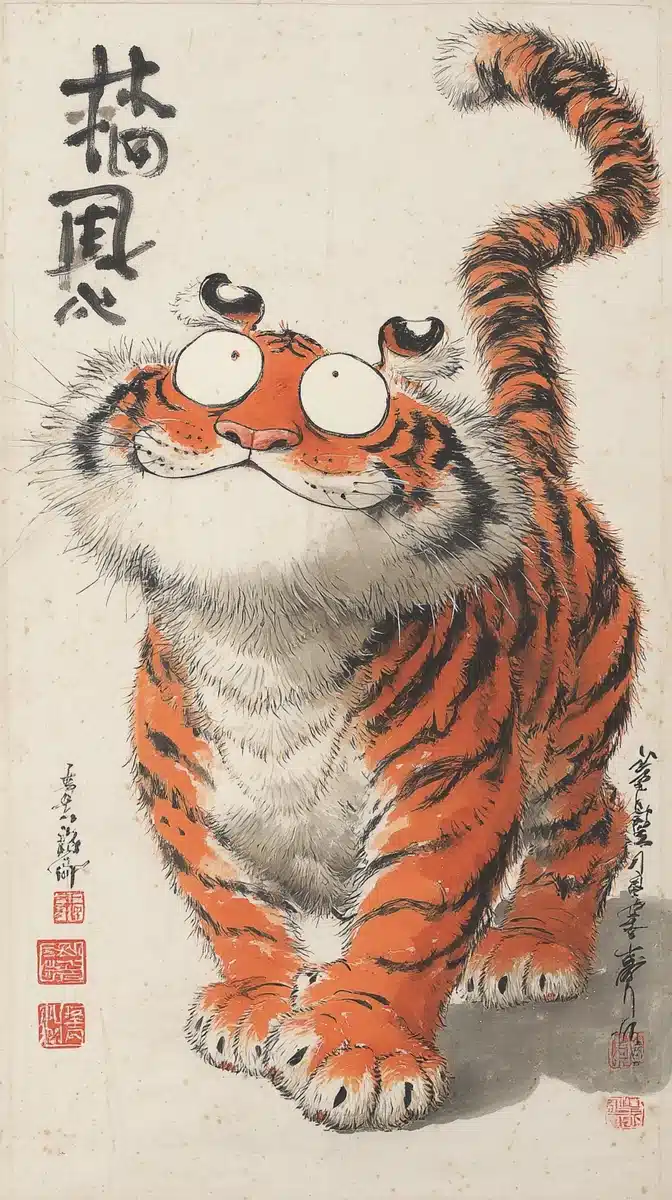 Comical Tiger Ink Painting Midjourney提示词