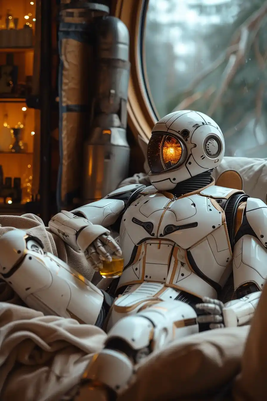 Chrome Robot Relaxing Midjourney提示词