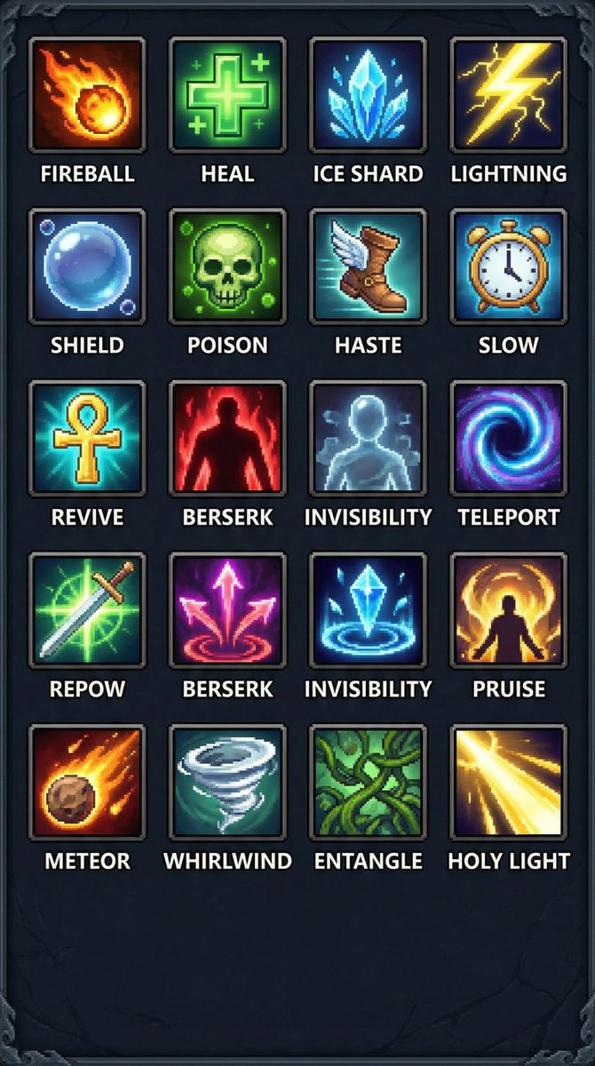 Fantasy Pixel Art Spell & Ability Icons | Game UI Assets Nano Banana提示词